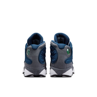 Youth retro basketball shoes, heel view, gray suede panels with navy collars and white midsole