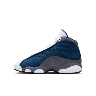 Youth retro basketball shoe, profile view, navy knit upper with gray overlays and white outsole