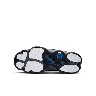 Youth retro basketball shoe outsole view with gray tread and navy blue traction panels