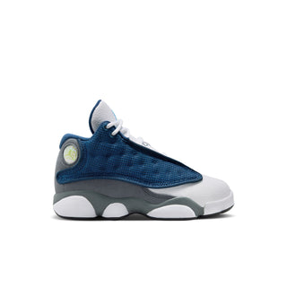 Kids lace-up sneakers in blue knit upper with white laces and chunky gray sole