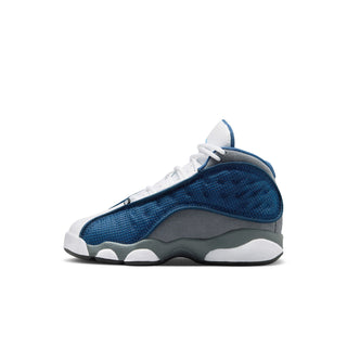 Kids high-top sneakers side view with blue mesh upper, white toe, gray sole