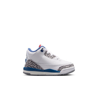 Toddler retro sneakers in white with blue accents, speckled gray panel, and red collar lining