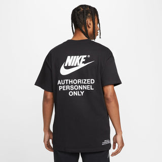 Black Nike t-shirt with large back “NIKE” and “Authorized Personnel Only” text