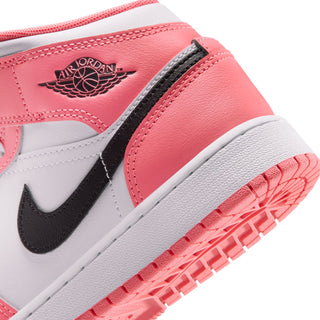 Youth AJ 1 mid-top heel close-up with Air Jordan wing logo, black strap, and pink sole