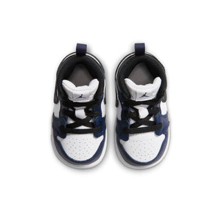 Toddler sneakers toe and tongue view in white and navy with padded collar