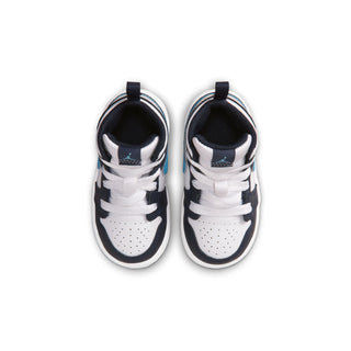 Toddler mid-top sneakers, white uppers with dark navy collars and light blue accents