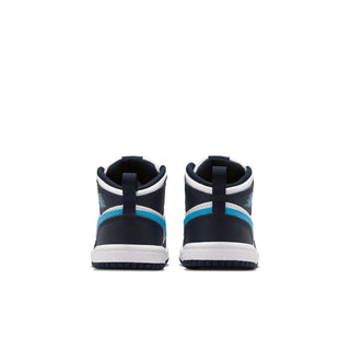 Toddler mid-top sneakers heel view, dark navy with white midsoles and light blue stripe