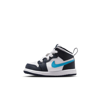 Toddler mid-top sneaker side view, dark navy and white with light blue Nike swoosh
