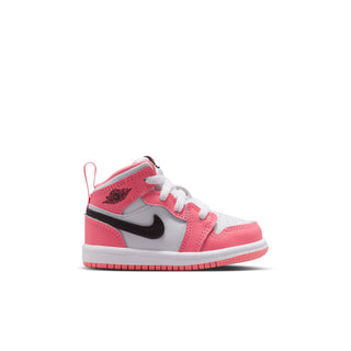 Toddler high-top sneakers in pink, white, and black with lace-up closure