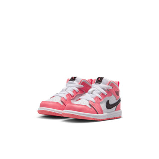 Toddler high-top sneakers, side view, pink and white with black Swoosh