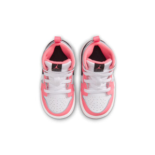 Toddler high-top sneakers, top view, pink laces and white interior padding