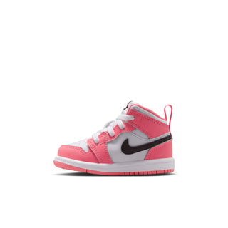 Toddler high-top sneakers, angled view, pink and white with black Swoosh