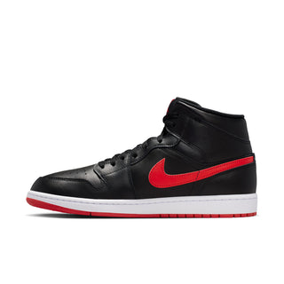 Black leather mid-top sneaker with red Swoosh, white midsole, lace-up