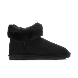 Black suede women's low boot with fluffy cuff and side seam detail