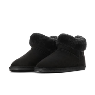 Black women's low boot, side view, with plush faux-fur collar