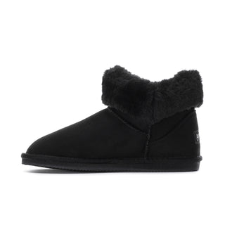 Black women's low boot, profile view, plush cuff and stitched seam