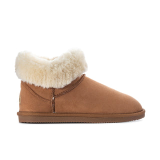 Women's chestnut low boot with plush faux-fur collar and suede upper