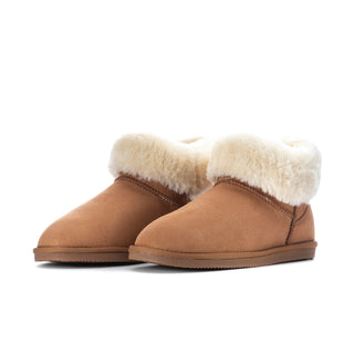 Pair of women's chestnut low boots with fluffy cuffs and low rubber sole