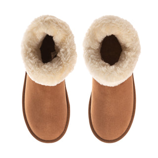 Women's chestnut low boots, side view, with open fuzzy cuffs and suede upper