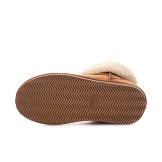 Women's chestnut low boot outsole with zigzag tread and faux-fur cuff