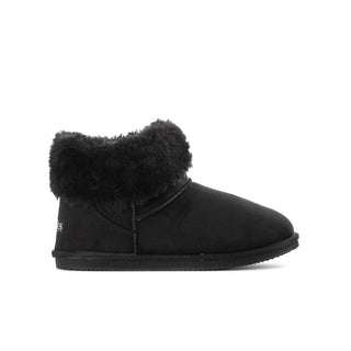 Youth black low boot with faux-fur cuff and stitched collar