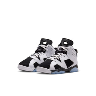 Kids Retro 6 sneakers, white uppers with black panels and blue outsole trim