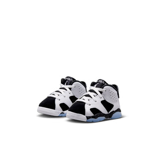 Pair of toddler high-top sneakers, white uppers with black overlays and blue outsole.