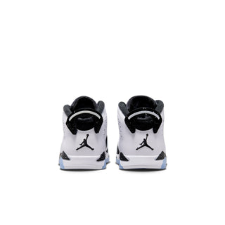 Toddler high-top sneakers, white leather with black heel collar and lace closure.