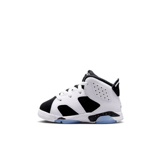 Kids high-top sneaker, white upper with black quarter panels and blue-tinted sole.