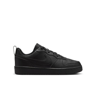 Youth black low-top sneaker with Nike swoosh and lace-up front