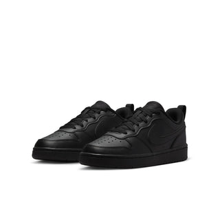 Youth black low-top sneakers, front view with laces and swoosh logo