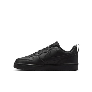 Youth black low-top sneaker side view with swoosh and perforated toe