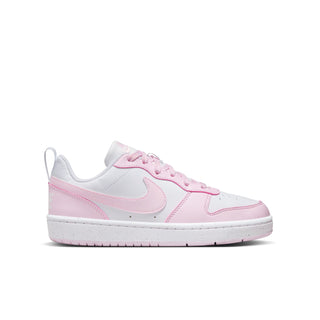 Youth low-top Recraft sneakers in white with pink accents and swoosh