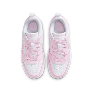 Youth sneakers front view, white leather with pink laces and padded collar