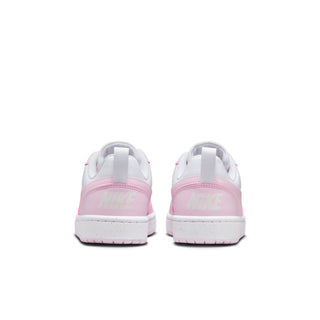 Youth low-top sneakers heel view, white with pink back tab and rubber outsole