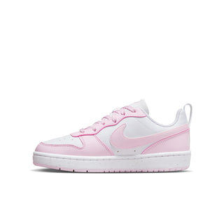 Youth low-top sneakers side profile, white with pink overlays and lace-up