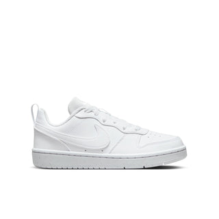 Youth white low-top sneakers with Nike swoosh and lace-up front
