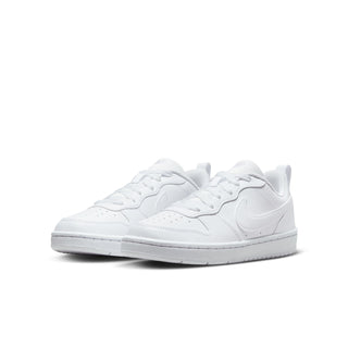 Youth white low-top sneakers, double view with Nike swoosh and lace-up