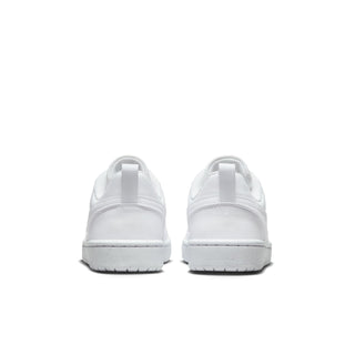 Youth white low-top sneakers, heel view with padded collar and lace-up