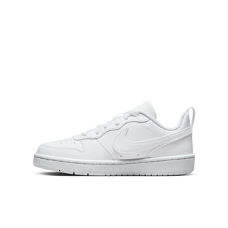 Youth white low-top sneakers, side profile with Nike swoosh and cupsole