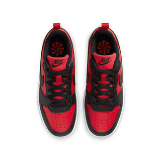 Youth red and black sneakers with black laces and padded tongues, top view.