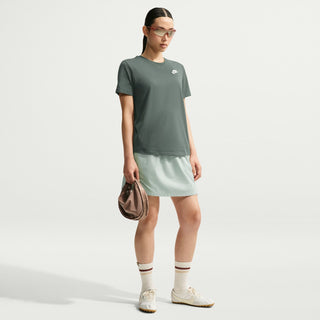 Women’s dark green crew-neck tee worn with hemline layer; short sleeves, Nike logo