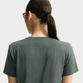 Women’s dark green tee back view; short sleeves, plain back with no logo