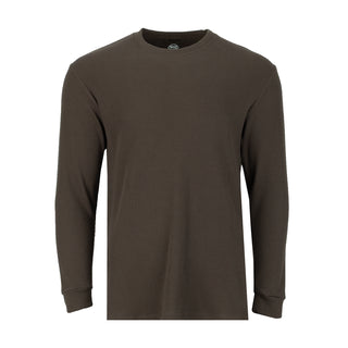 Dark brown long-sleeve thermal shirt with crew neck and ribbed cuffs
