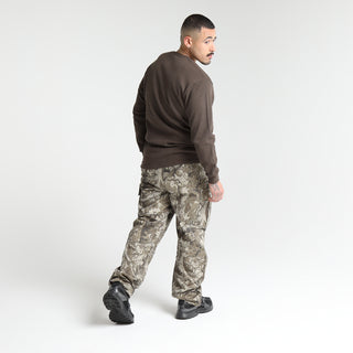 Dark brown long-sleeve thermal shirt, side view, crew neck and ribbed hem