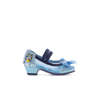 Toddler Mary Jane block heel shoes, light blue glitter with bow and navy strap, character print