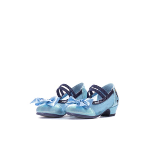 Toddler Mary Jane block heel shoes, light blue glitter with bow, navy strap, character graphics