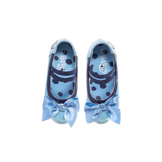 Toddler Mary Jane block heel shoes, light blue glitter with bow; character-lined interior