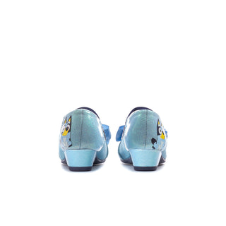 Toddler Mary Jane block heel shoes, light blue glitter; rear view with character patch