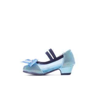 Toddler Mary Jane block heel shoes, light blue glitter, navy strap, bow detail